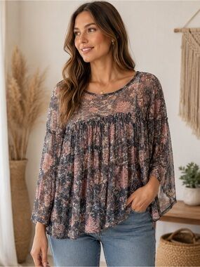 Belle & Sky Sheer Floral Babydoll Top Blouse Flowy Boho Size L EUC NWOT